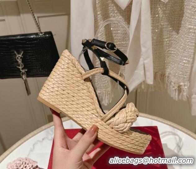 Good Quality Valentino Rockstud Ankle Strap Wedge Sandals 10cm in Calfskin and Straw-Like Black 612109