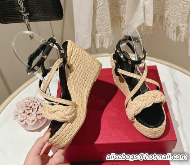 Good Quality Valentino Rockstud Ankle Strap Wedge Sandals 10cm in Calfskin and Straw-Like Black 612109