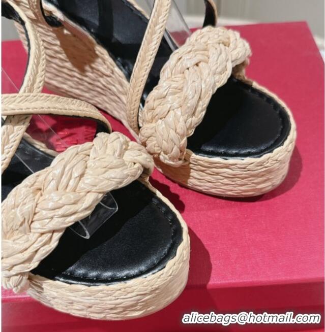 Good Quality Valentino Rockstud Ankle Strap Wedge Sandals 10cm in Calfskin and Straw-Like Black 612109