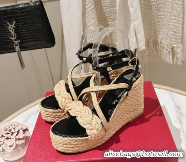 Good Quality Valentino Rockstud Ankle Strap Wedge Sandals 10cm in Calfskin and Straw-Like Black 612109