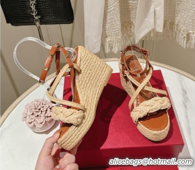 Best Product Valentino Rockstud Ankle Strap Wedge Sandals 10cm in Calfskin and Straw-Like Brown 612110