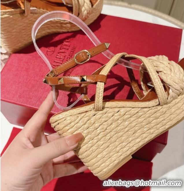 Best Product Valentino Rockstud Ankle Strap Wedge Sandals 10cm in Calfskin and Straw-Like Brown 612110