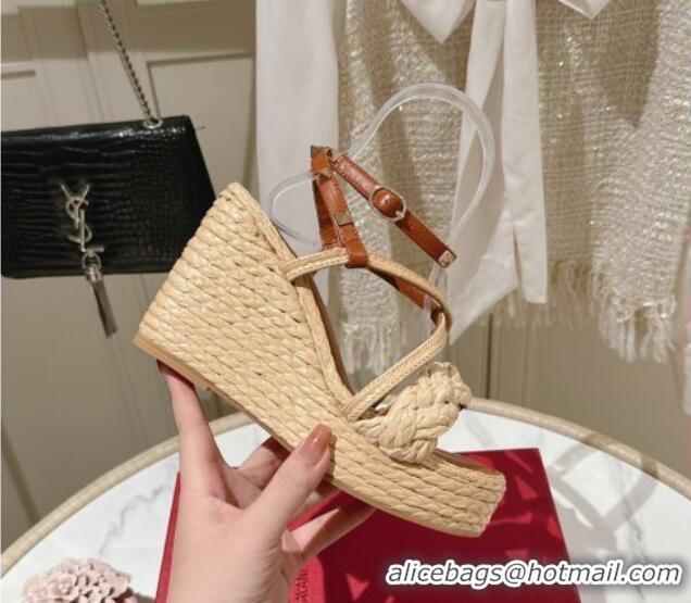 Best Product Valentino Rockstud Ankle Strap Wedge Sandals 10cm in Calfskin and Straw-Like Brown 612110