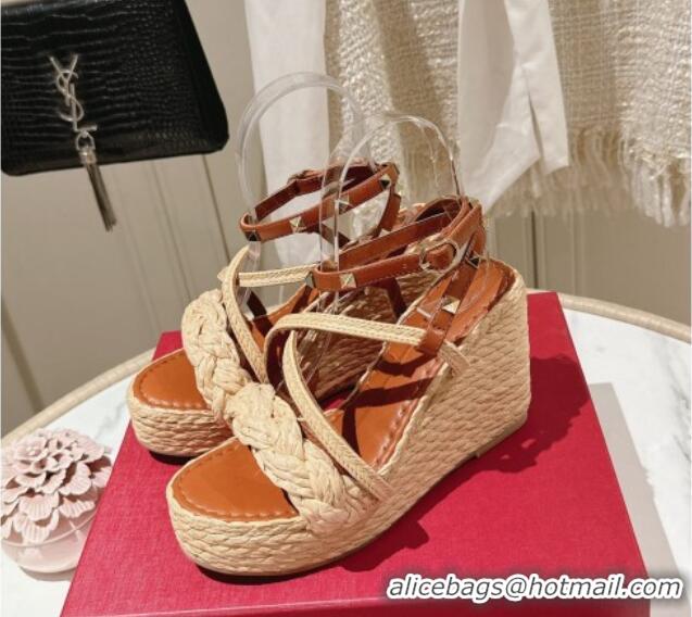 Best Product Valentino Rockstud Ankle Strap Wedge Sandals 10cm in Calfskin and Straw-Like Brown 612110