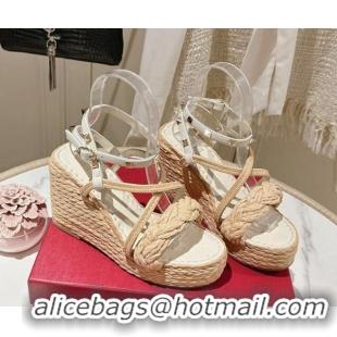 Shop Duplicate Valentino Rockstud Ankle Strap Wedge Sandals 10cm in Calfskin and Straw-Like White 612111