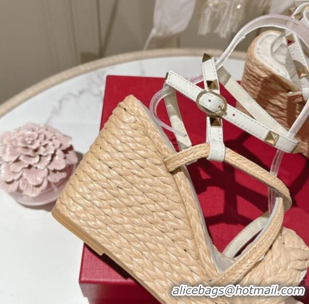 Shop Duplicate Valentino Rockstud Ankle Strap Wedge Sandals 10cm in Calfskin and Straw-Like White 612111