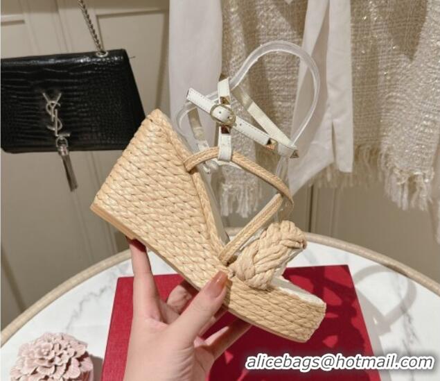 Shop Duplicate Valentino Rockstud Ankle Strap Wedge Sandals 10cm in Calfskin and Straw-Like White 612111