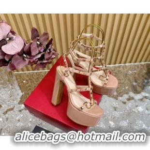 Pretty Style Valentino Rockstud Ankle Strap Platform Sandals 15.5cm in Patent Calfskin Nude 612112