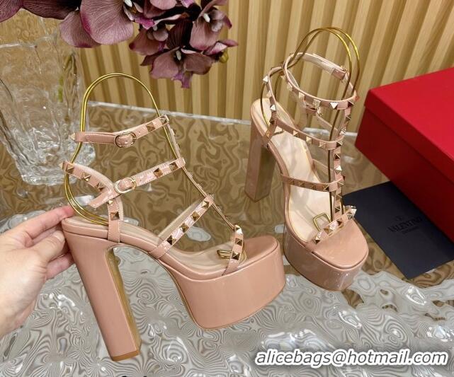 Pretty Style Valentino Rockstud Ankle Strap Platform Sandals 15.5cm in Patent Calfskin Nude 612112