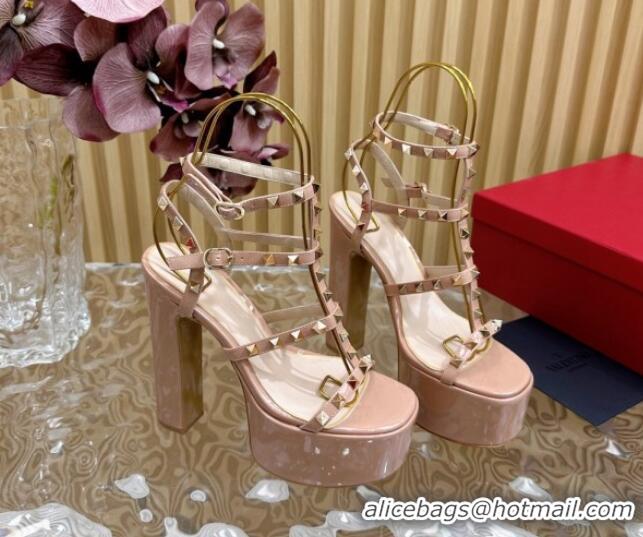 Pretty Style Valentino Rockstud Ankle Strap Platform Sandals 15.5cm in Patent Calfskin Nude 612112