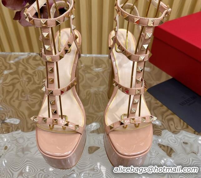 Pretty Style Valentino Rockstud Ankle Strap Platform Sandals 15.5cm in Patent Calfskin Nude 612112