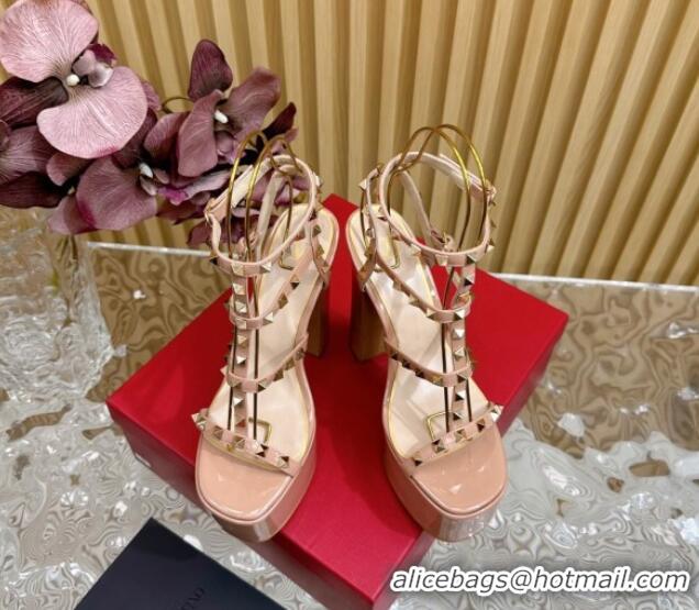 Pretty Style Valentino Rockstud Ankle Strap Platform Sandals 15.5cm in Patent Calfskin Nude 612112