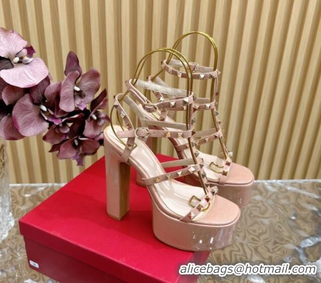 Pretty Style Valentino Rockstud Ankle Strap Platform Sandals 15.5cm in Patent Calfskin Nude 612112