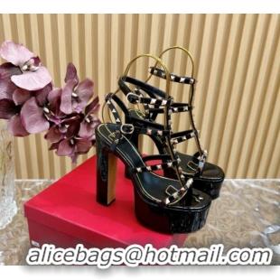 Best Product Valentino Rockstud Ankle Strap Platform Sandals 15.5cm in Patent Calfskin Black 612113