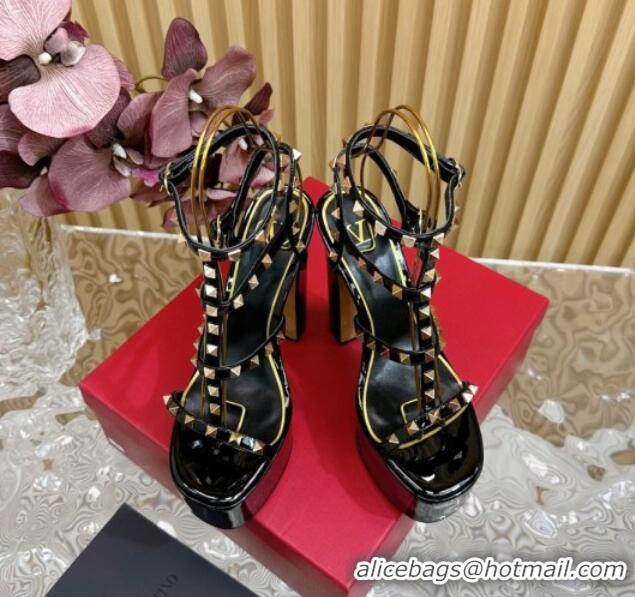 Best Product Valentino Rockstud Ankle Strap Platform Sandals 15.5cm in Patent Calfskin Black 612113