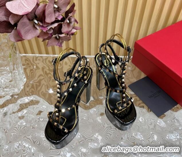 Best Product Valentino Rockstud Ankle Strap Platform Sandals 15.5cm in Patent Calfskin Black 612113