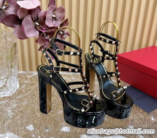 Best Product Valentino Rockstud Ankle Strap Platform Sandals 15.5cm in Patent Calfskin Black 612113