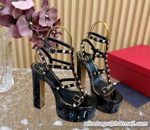 Best Product Valentino Rockstud Ankle Strap Platform Sandals 15.5cm in Patent Calfskin Black 612113