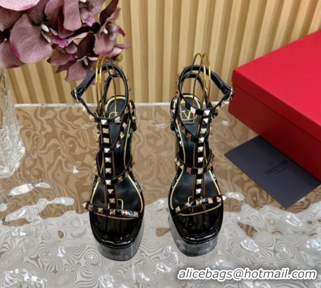 Best Product Valentino Rockstud Ankle Strap Platform Sandals 15.5cm in Patent Calfskin Black 612113