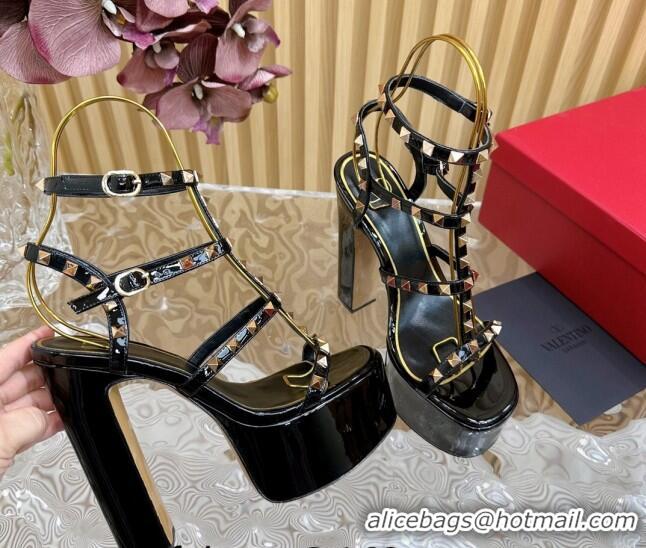 Best Product Valentino Rockstud Ankle Strap Platform Sandals 15.5cm in Patent Calfskin Black 612113