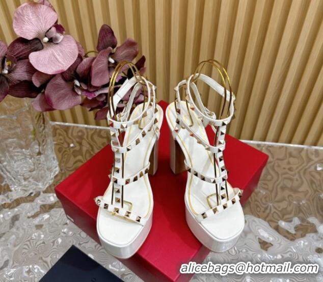 Best Grade Valentino Rockstud Ankle Strap Platform Sandals 15.5cm in Patent Calfskin White 612114