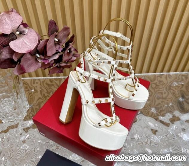 Best Grade Valentino Rockstud Ankle Strap Platform Sandals 15.5cm in Patent Calfskin White 612114