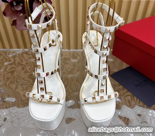 Best Grade Valentino Rockstud Ankle Strap Platform Sandals 15.5cm in Patent Calfskin White 612114