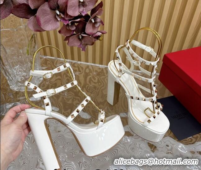 Best Grade Valentino Rockstud Ankle Strap Platform Sandals 15.5cm in Patent Calfskin White 612114