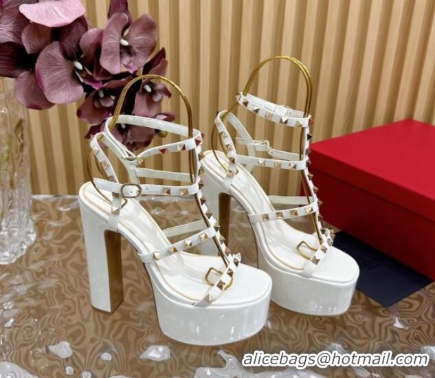 Best Grade Valentino Rockstud Ankle Strap Platform Sandals 15.5cm in Patent Calfskin White 612114