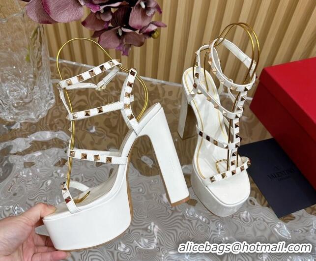 Best Grade Valentino Rockstud Ankle Strap Platform Sandals 15.5cm in Patent Calfskin White 612114