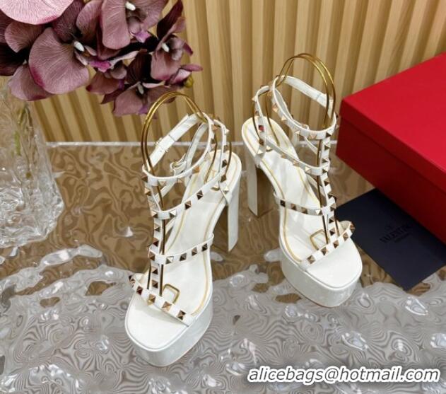 Best Grade Valentino Rockstud Ankle Strap Platform Sandals 15.5cm in Patent Calfskin White 612114