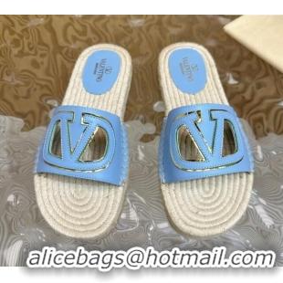 Top Grade Valentino VLogo Cut-out Espadrille Flat Slides Sandal in Calfskin Light Blue 612114