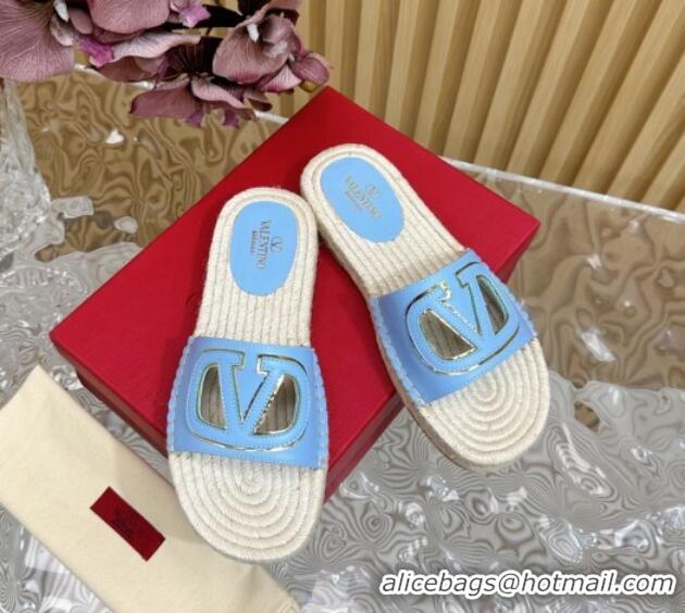 Top Grade Valentino VLogo Cut-out Espadrille Flat Slides Sandal in Calfskin Light Blue 612114