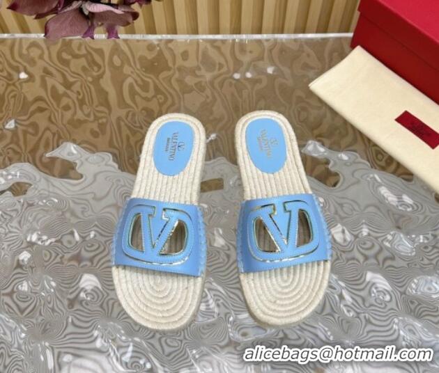 Top Grade Valentino VLogo Cut-out Espadrille Flat Slides Sandal in Calfskin Light Blue 612114