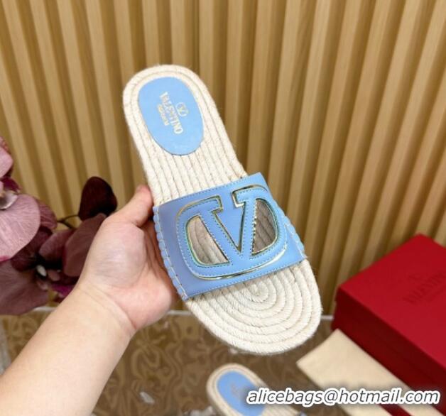 Top Grade Valentino VLogo Cut-out Espadrille Flat Slides Sandal in Calfskin Light Blue 612114