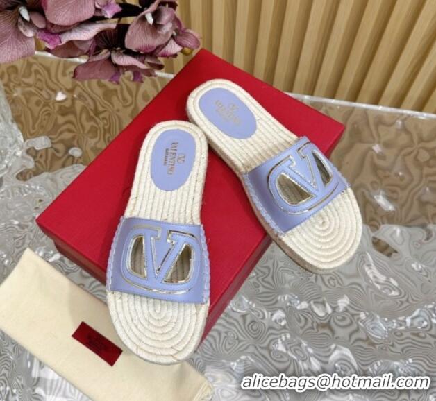 Stylish Valentino VLogo Cut-out Espadrille Flat Slides Sandal in Calfskin Light Purple 612116