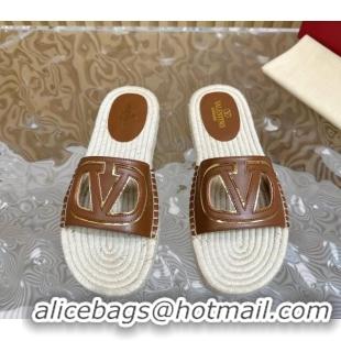 Good Looking Valentino VLogo Cut-out Espadrille Flat Slides Sandal in Calfskin Brown 612117