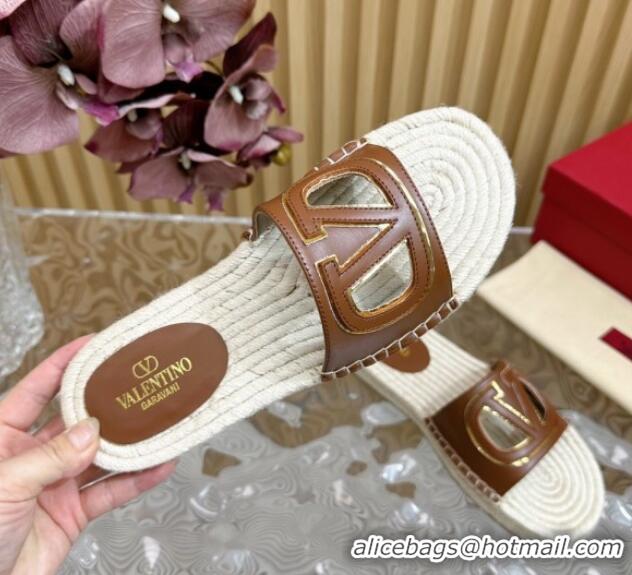 Good Looking Valentino VLogo Cut-out Espadrille Flat Slides Sandal in Calfskin Brown 612117