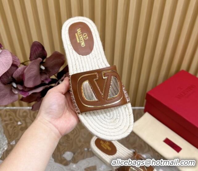 Good Looking Valentino VLogo Cut-out Espadrille Flat Slides Sandal in Calfskin Brown 612117