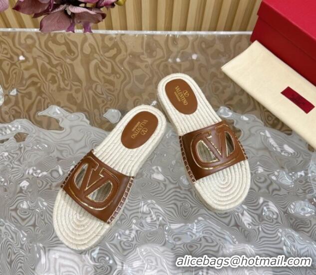 Good Looking Valentino VLogo Cut-out Espadrille Flat Slides Sandal in Calfskin Brown 612117