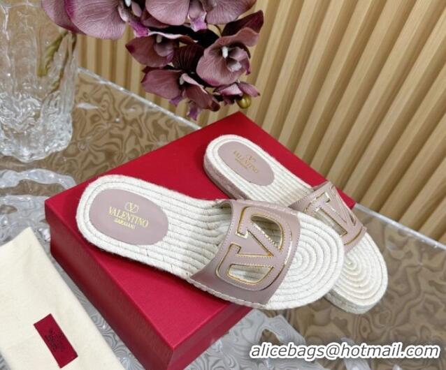 Top Design Valentino VLogo Cut-out Espadrille Flat Slides Sandal in Calfskin Light Pink 612118