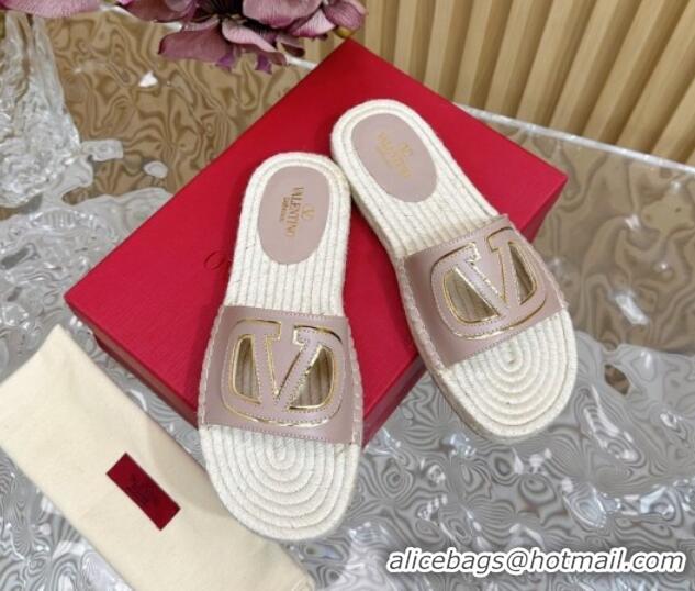 Top Design Valentino VLogo Cut-out Espadrille Flat Slides Sandal in Calfskin Light Pink 612118