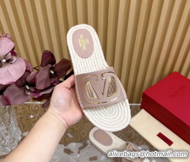 Top Design Valentino VLogo Cut-out Espadrille Flat Slides Sandal in Calfskin Light Pink 612118