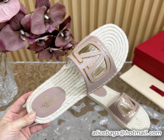 Top Design Valentino VLogo Cut-out Espadrille Flat Slides Sandal in Calfskin Light Pink 612118