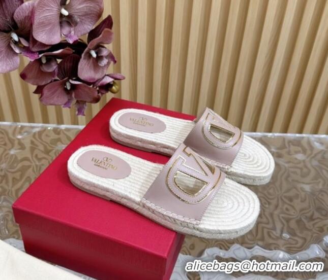 Top Design Valentino VLogo Cut-out Espadrille Flat Slides Sandal in Calfskin Light Pink 612118