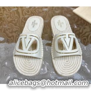 Good Product Valentino VLogo Cut-out Espadrille Flat Slides Sandal in Calfskin White 612119