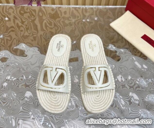 Good Product Valentino VLogo Cut-out Espadrille Flat Slides Sandal in Calfskin White 612119