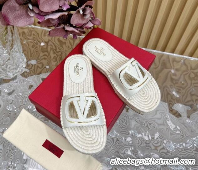 Good Product Valentino VLogo Cut-out Espadrille Flat Slides Sandal in Calfskin White 612119