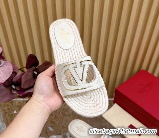 Good Product Valentino VLogo Cut-out Espadrille Flat Slides Sandal in Calfskin White 612119