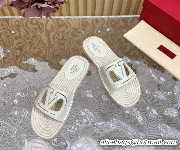 Good Product Valentino VLogo Cut-out Espadrille Flat Slides Sandal in Calfskin White 612119